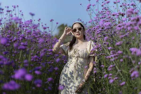 Şık bir elbise ve güneş gözlüğü takan mutlu genç Asyalı kadın güzel mor bir çiçek tarlasında dingin görünüyor, açık havada güneşli bir günün tadını çıkarıyor.