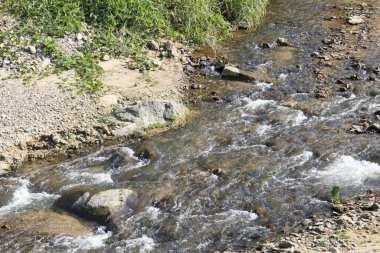Kayaların ve taşların üzerinden akan temiz su akıntısı. Doğada huzurlu, sakin bir dere, küçük bir nehir dingin ve rahatlatıcı doğal bir arka plan yaratır.