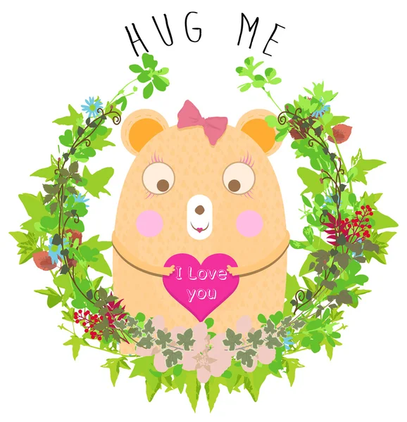 Linda tarjeta de oso con flores niños niña camiseta diseño — Vector de stock