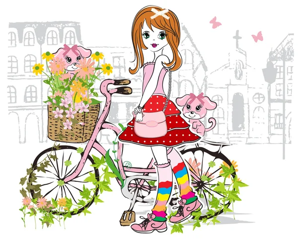 Linda chica con bicicleta — Archivo Imágenes Vectoriales