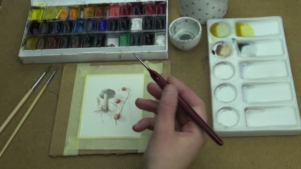 Processus de peinture champignon bleu et baies — Video