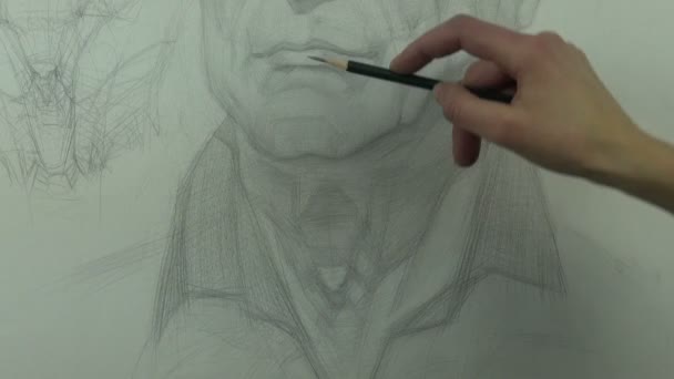 Dessin d'une étude du menton de l'homme au crayon graphite — Video