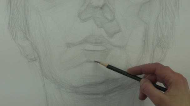 Drawing a study of old middle aged man's lips and nose with graphite pencil — Stock Video