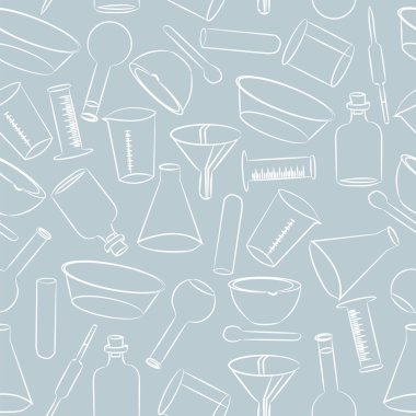 Labaratuar donanımları ve şişe mavi bir arka plan üzerinde 