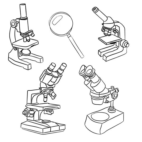 Un conjunto de ilustraciones de microscopios y lupas — Archivo Imágenes Vectoriales