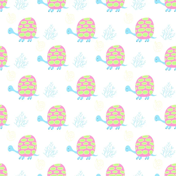 Fond doux pour enfants avec des tortues et des algues dans les couleurs douces pastel à la mode — Image vectorielle