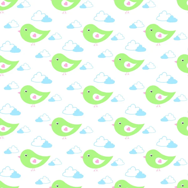 Bébés oiseaux de bande dessinée volent dans des tons verts clairs doux dans les nuages — Image vectorielle