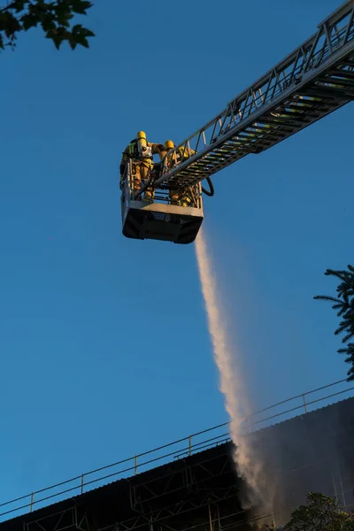 Berlin Deutschland August 2020 Feuerwehrleute Klettern Auf Leiter Gegen Gebäude — Stockfoto