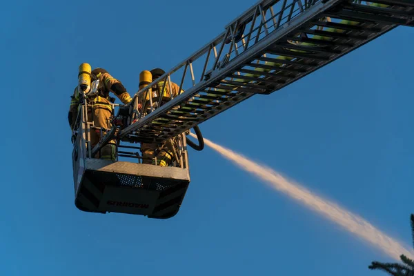 Berlin Germany August 2020 Firefighters Climbing Ladder Building Selective Focus Stock Picture