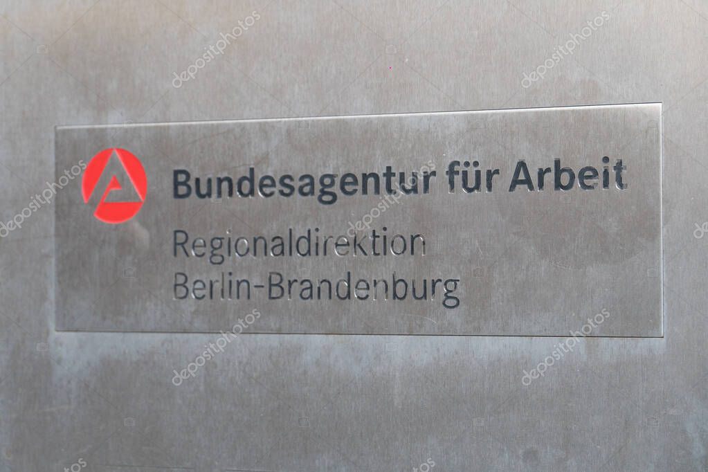 Berlin, Germany - April 18, 2019: Plate of the Bundesagentur fr Arbeit, German for Federal Employment Agency, federal agency managing job centres