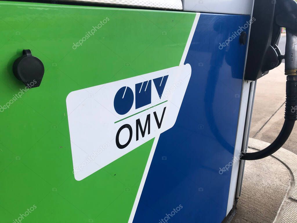 Prague, Czech Republic - July 12, 2020: OMV Austrian Mineral Oil Administration oil and gas station