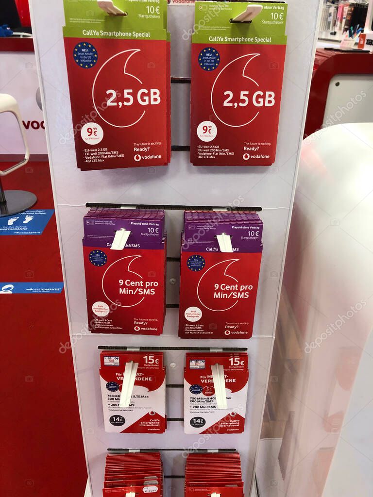 Berlin, Germany - August 4, 2020: Vodafone CallYa prepaid sim cards. Founded in 1984 as Racal Telecom Ltd., Vodafone is a British multinational telecommunications company