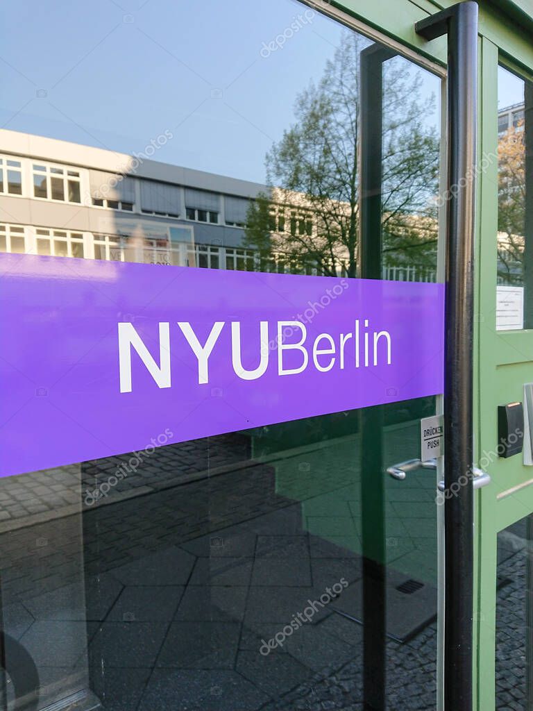 Berlin, Germany - April 19, 2019: Banner of the NYU Berlin, a division of New York University (NYU), a private research university based in New York City