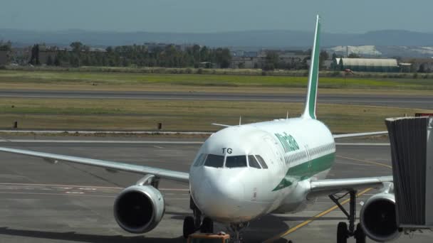 Berlim Alemanha Janeiro 2021 Avião Alitalia Porta Bandeira Itália Pista — Vídeo de Stock