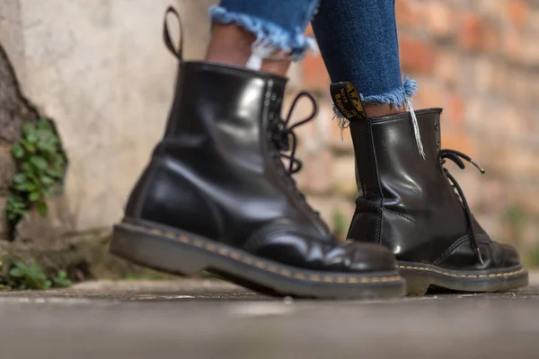 Rome Italy January 2021 Classic Black Leather Martens Airwair Boots — Stock Photo, Image