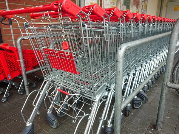 Berlin Germany January 2019 Line Shopping Carts Rewe Supermarket — Stock Photo, Image