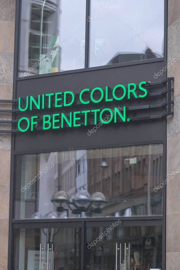 Hamburg, Germany - March 28, 2021: United Colors of Benetton store signage. Benetton Group S.r.l. is a global Italian fashion brand
