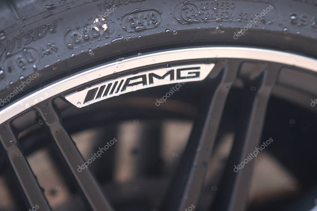 Hamburg, Germany - March 28, 2021: AMG tyre. AMG is the high-performance brand used by Mercedes-Benz