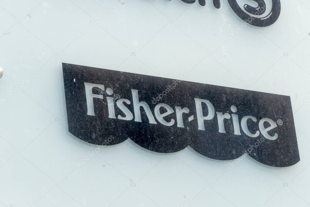 Prague, Czech Republic - July 23, 2020: Banner of Fisher-Price, an American company that produces educational toys for infants, toddlers and preschoolers