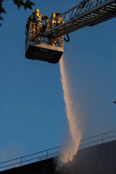 Berlin Deutschland August 2020 Feuerwehrleute Klettern Auf Leiter Gegen Gebäude — Stockfoto