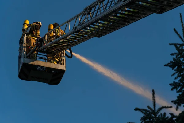 Berlin Deutschland August 2020 Feuerwehrleute Klettern Auf Leiter Gegen Gebäude — Stockfoto