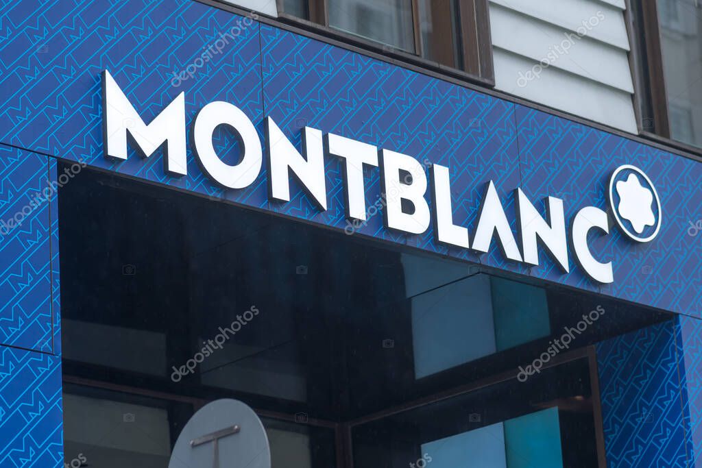 Hamburg, Germany - March 28, 2021: Montblanc store. Montblanc International is a German manufacturer of luxury writing instruments, watches, jewellery, eyewear and leather goods