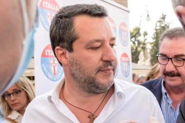 Roma, İtalya - 21 Temmuz 2021: Matteo Salvini, eski İtalya Başbakan Yardımcısı ve İçişleri Bakanı. Ayrıca Aralık 2013 'ten bu yana Kuzey Ligi Federal Sekreteri olmuştur.