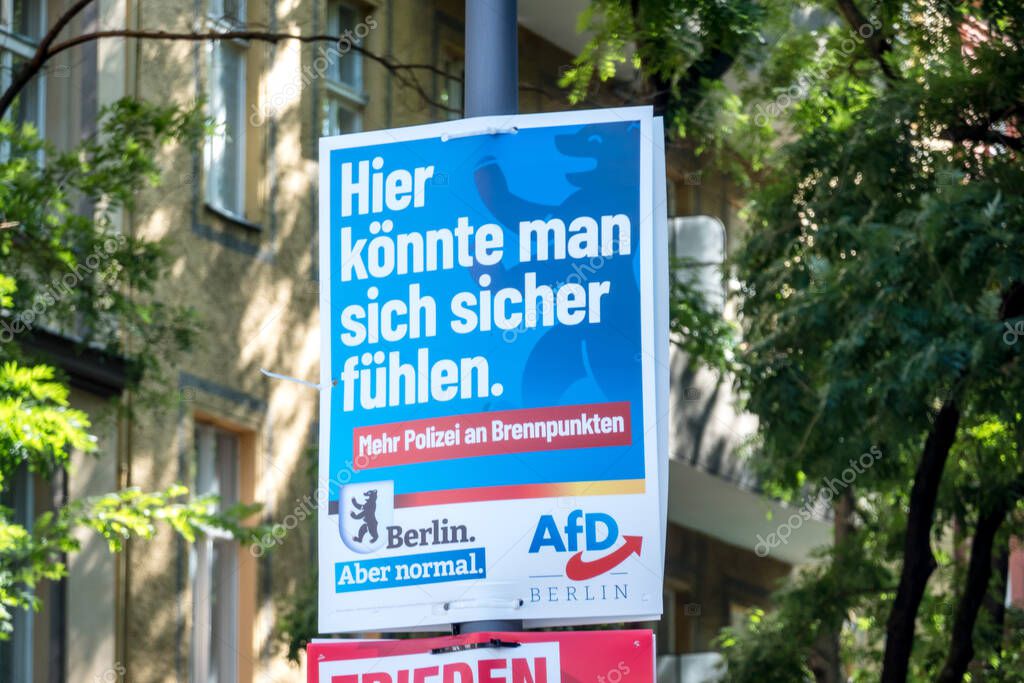 Berlin, Germany - September 2, 2021: Election campaign poster of AfD Alternative fuer Deutschland, nationalist and right-wing populist political party