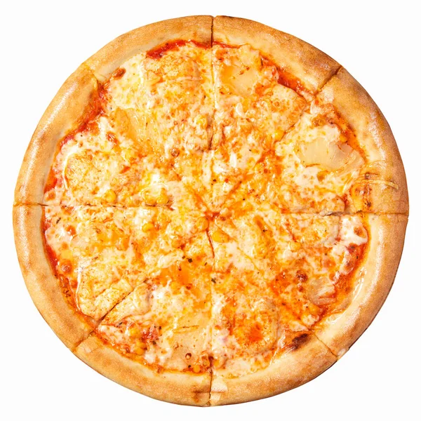 Beyaz arka planda izole edilmiş peynirli Hawaii pizzası..