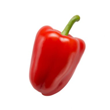 Kırmızı tatlı dolma biber beyaz arkaplanda izole edilmiş, gölgesiz yakın plan.