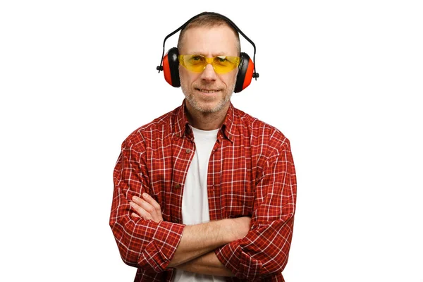 Uma Pessoa Que Usa Proteção Ocular Auditiva Estúdio Tiro Isolado — Fotografia de Stock