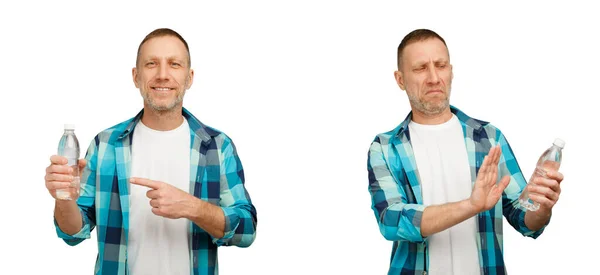 Concepto Agua Buena Mala Hombre Muestra Agua Embotellada — Foto de Stock