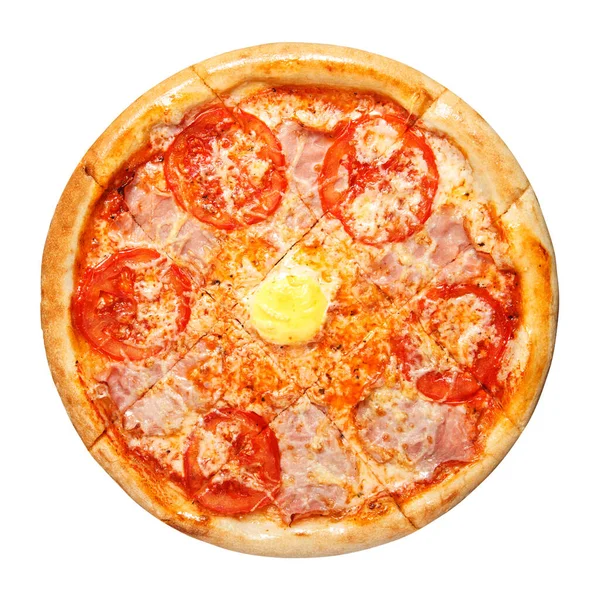 Pizza Tomato Slices Pieces Carbonate Cheese Top View Isolated White — Stockfoto