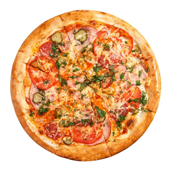 Pizza with tomato slices and bacon slices with cheese and lightly salted cucumbers decorated with herbs overhead view isolated on white background.