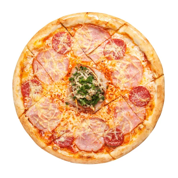 Pizza Bacon Slices Salami Cheese Decorated Herbs Top View Isolated — Stockfoto