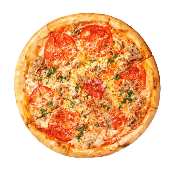 Pizza with tomato slices, beef slices with cheese and fresh herbs overhead view isolated on white background.
