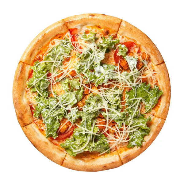 Pizza Tomato Slices Spicy Crackers Cheese Lettuce Leaves White Sauce — Stockfoto