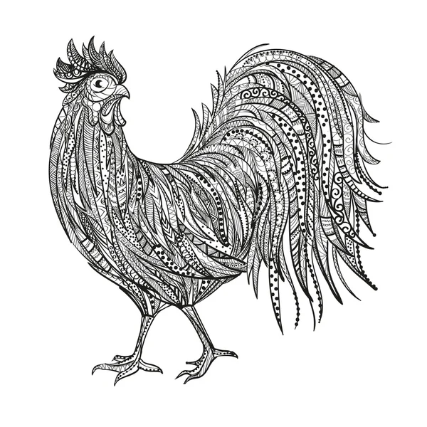 Gambar corat-coret gambar tangan pada gambar ayam jantan. Garis luar dekoratif tangan digambar dalam gaya zentangle - Stok Vektor