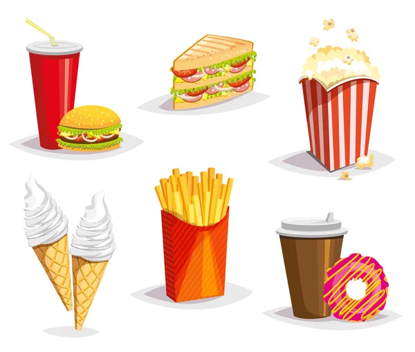 Conjunto de ícones coloridos de fast food desenhos animados no fundo branco. Ilustração vetorial isolada . — Vetor de Stock