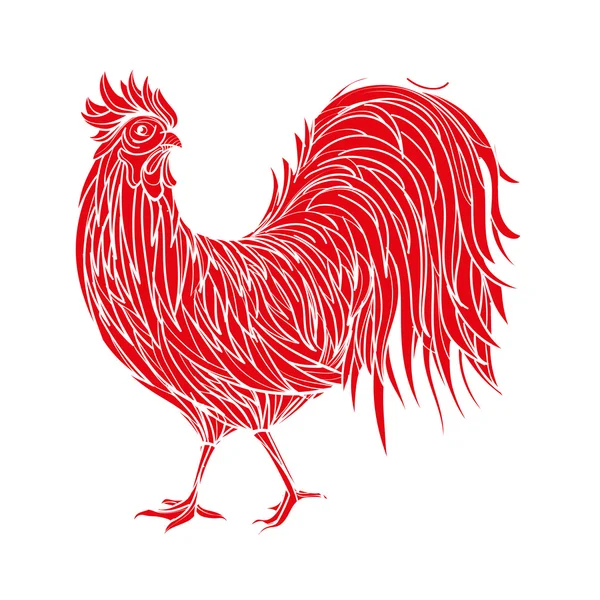 Tangan digambar ayam jantan merah bergaya pada latar belakang wight - Stok Vektor