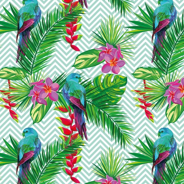 Beau fond floral de jungle tropicale sans couture avec des feuilles de palmier, des fleurs et des perroquets. Texture géométrique rayée abstraite — Image vectorielle