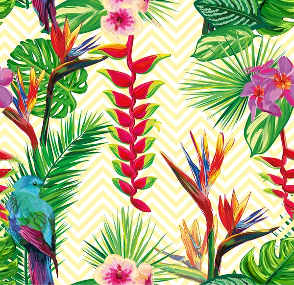 Beautiful seamless tropical jungle floral pattern background with palm leaves, flowers and parrots. Abstract striped geometric texture — Stock Vector