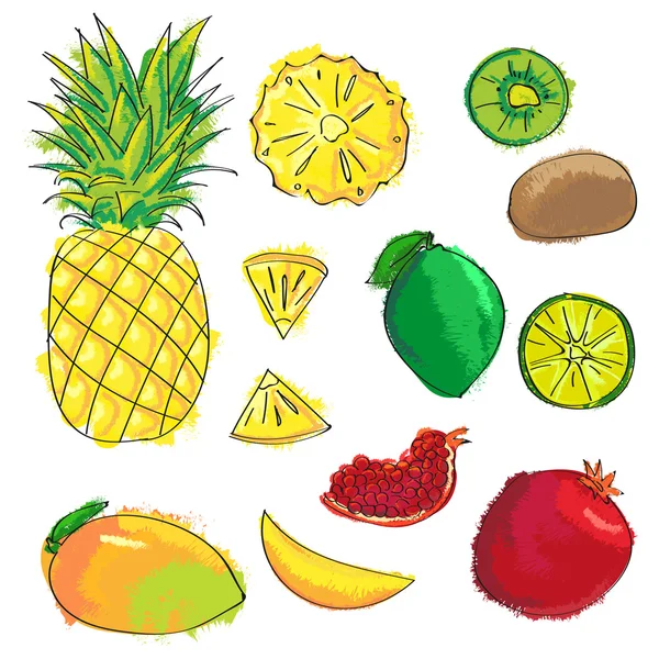Renkli karikatür meyve simgeler kümesi: ananas, kivi, limon, mango, granat, kireç. — Stok Vektör