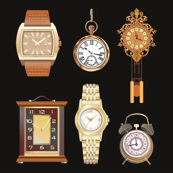 Beautiful detailed set illustrations of different clocks. Wall, table, watches. Retro style. — Stock Vector