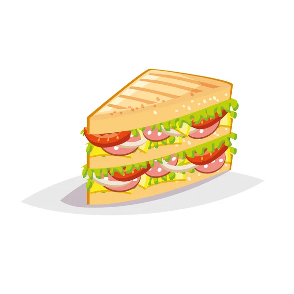 Colorful cartoon fast food icon on white background. Sandwich with salami and cheese. — Stock Vector