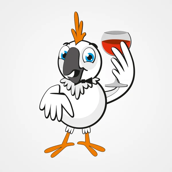 Weiße lustige Karikatur urkomische Papagei mit einem Glas Wein isoliert auf dem Hintergrund — Stockvektor