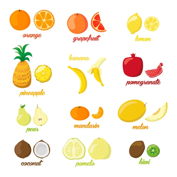 Set von bunten Cartoon-Frucht-Symbole Birne, Orange, Banane, Ananas, Kiwi, Zitrone, Limette. Vektorabbildung, isoliert auf weiß. — Stockvektor