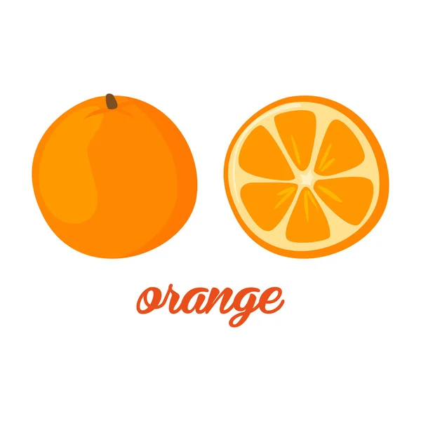 Cartaz de frutas laranja em estilo cartoon retratando todo e metade dos citrinos suculentos frescos isolados no fundo branco, incluindo a legenda — Vetor de Stock