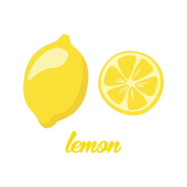 Poster buah lemon dalam gaya kartun menggambarkan keseluruhan dan setengah dari citrus segar yang diisolasi dengan latar belakang putih termasuk keterangan - Stok Vektor