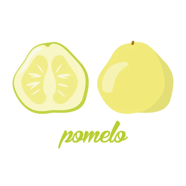 Pomelo Früchte Poster im Cartoon-Stil zeigt ganze und halbe frische saftige Zitrusfrüchte isoliert auf weißem Hintergrund mit Bildunterschrift — Stockvektor